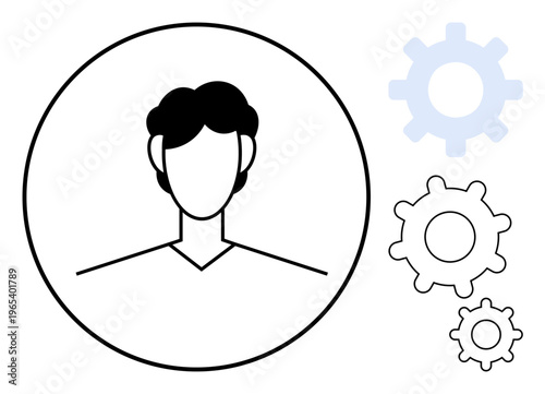 User management, settings, personalization, team collaboration, software development, user interface. Outline of a person with adjacent gear icons. User management and settings concept