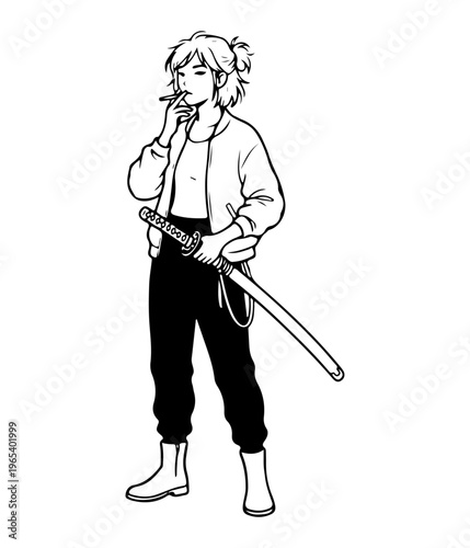 Photos young female samurai with Katana smoking calmly in casual urban outfit standing
