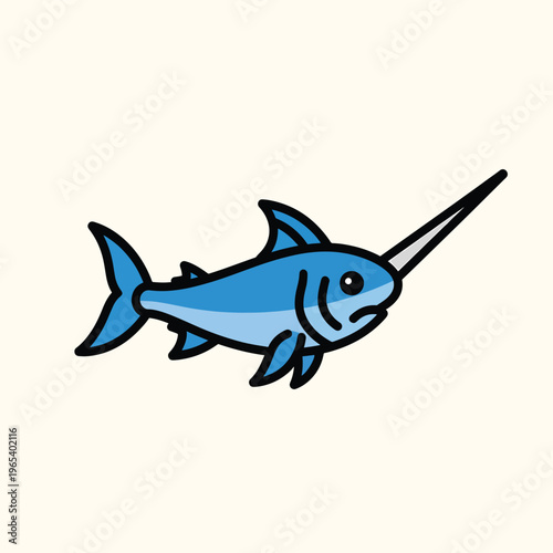 A stylized blue marlin illustration with thick black outlines and a long pointed bill. It's set against a creamy, off-white background