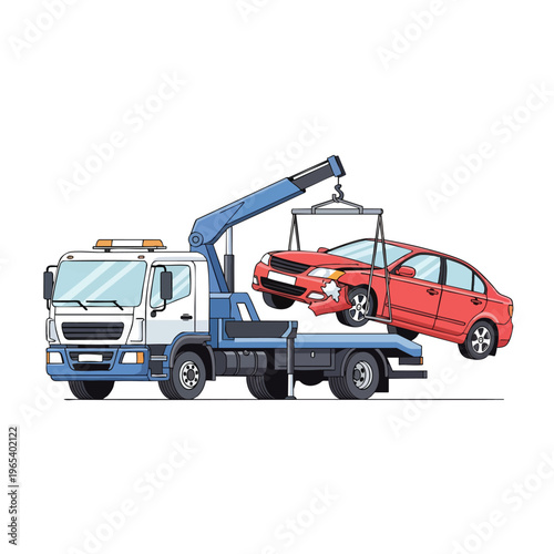 Towing truck vector illustration showing white tow truck lifting red damaged car with crane on flat design style