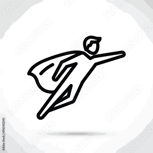A stylized black outline of a figure in flight, cape billowing. The figure is posed mid-air, indicating swift motion. A simple design, on textured background