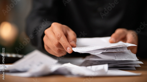 Close-up of Hands in Black Clothing Organizing Funeral Invoices and Receipts, Financial Bureaucracy After Death Concept