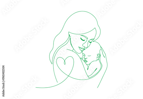 Minimal continuous line illustration of a mother embracing a baby with heart symbol.
