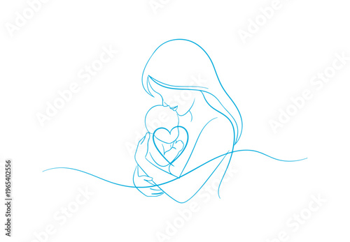 Continuous line art of a mother holding her baby with a heart symbol for Mother’s Day concept.