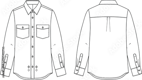Men Long Sleeve Button Down Shirt Fashion Flat Sketch with Front Pockets and Yoke Detail Technical Drawing Template Vector