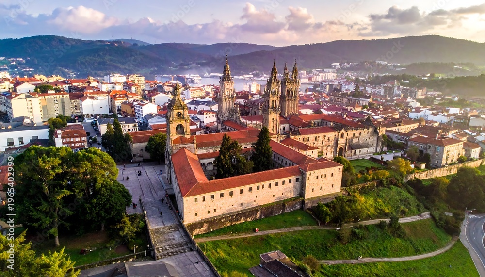 Fototapeta premium Aerial view showcases a historic city with towering spires and red roofs