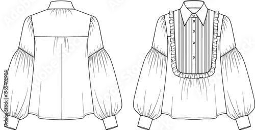 Technical Fashion Sketch of a Women's Ruffle Bib Blouse Featuring Puff Sleeves Smocked Cuffs and Victorian Style Collar for Apparel