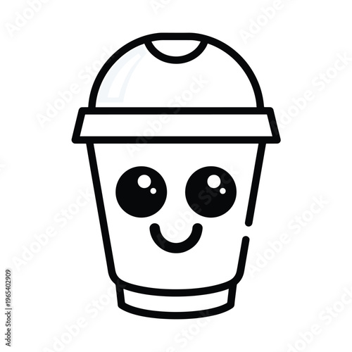 A smiling, cartoon-style depiction of a to-go cup with a dome lid. The cup has a happy face