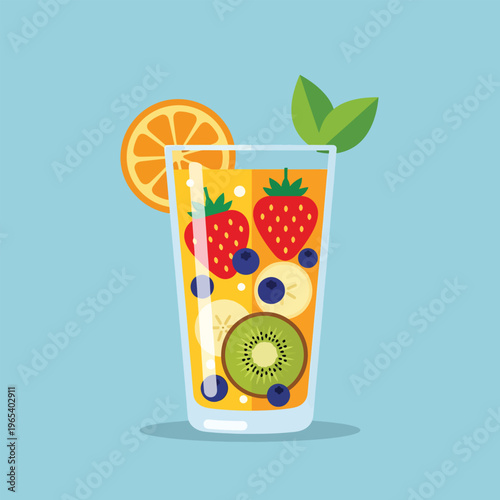 A vibrant, refreshing drink with an orange slice, strawberries, blueberries, kiwi, banana slices, and green leaves in a tall glass, set against a solid blue background