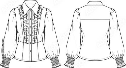 Technical Fashion Sketch of Women's Ruffle Front Blouse Featuring Puff Sleeves Smocked Cuffs and Victorian Style Collar for Apparel Design