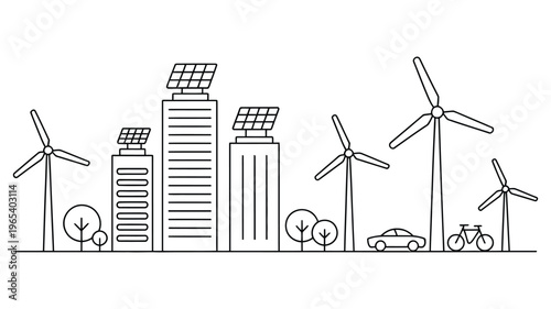 Sustainable, city vector icon with skyline, renewable energy elements, and EV infrastructure, representing green urban planning and clean energy future, clean modern flat design