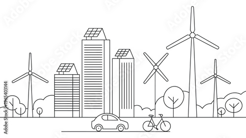 Sustainable, city skyline icon featuring wind turbines, solar panels, and electric vehicle infrastructure, eco-friendly urban development and green energy concept, modern flat vector