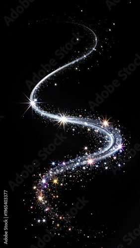 Sparkling Silver Glitter Swirl on Black Background with Bokeh Effects