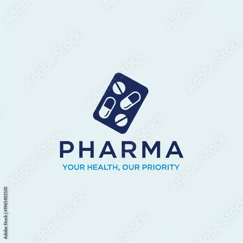 Pharma logo with pills and capsules in blister pack.