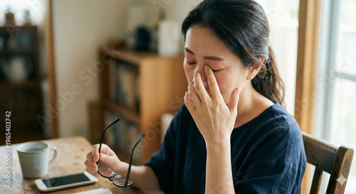 眼鏡を外して目をこする日本人女性。眼精疲労、老眼、またはアレルギーによる目のかすみや痛み