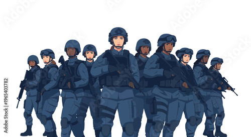 Diverse Team of Soldiers in Military Uniforms and Tactical Gear, Ready for Duty