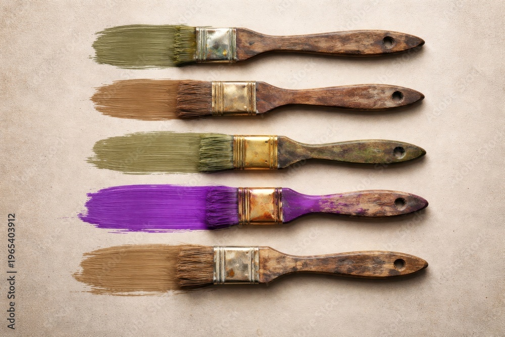 Fototapeta premium Five vintage paint brushes with colorful strokes on a textured background