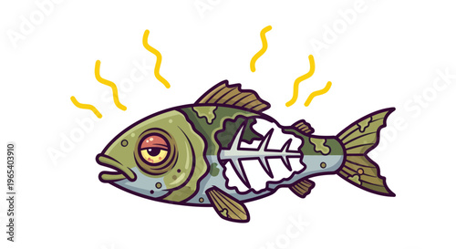 Rotten Fish with Visible Skeleton, Bad Smell, Diseased Animal Illustration
