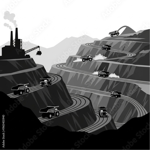 Pixel Art Depiction of an Open-Pit Mine with Heavy Trucks.
