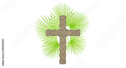 Woven Palm Cross with Green Fronds - Religious Symbol, Easter, Palm Sunday