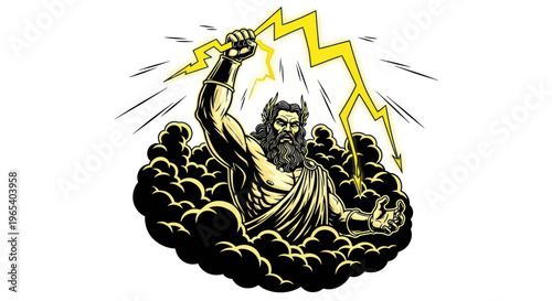 Zeus, Greek God of Thunder, Holding Lightning Bolt Amidst Clouds