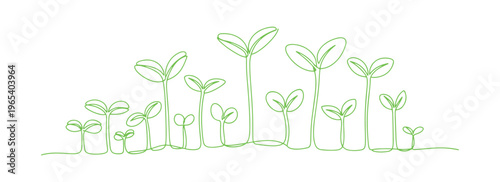 Continuous line drawing of sprout silhouettes forming a simple eco line icon set.