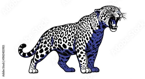 Aggressive Jaguar Roaring, Powerful Big Cat Illustration, White Background