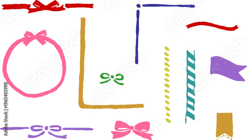 カラフルな手書き風のリボンとフレームのセット、筆致を活かした装飾罫、見出し、ポップなデザイン素材