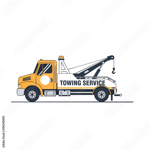 Bright yellow towing truck vector illustration with extended crane hook and towing service signage ready for roadside assistance