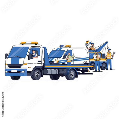 Towing truck vector illustration showing roadside vehicle recovery with tow truck lifting disabled car assisted by workers in safety gear