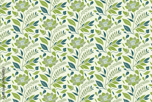 A light cream background with a repeating floral pattern