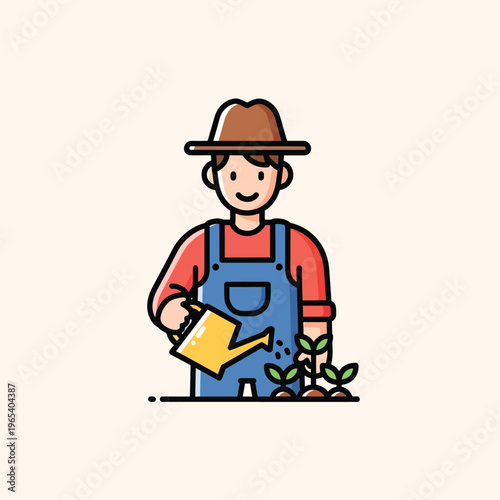 A smiling person in overalls waters small plants with a yellow watering can, wearing a brown hat. Set against a beige background