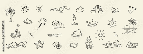 Summer nature elements with sun, clouds, waves, rain, fire and tropical elements. Perfect for seasonal backgrounds, weather icons and beach themed designs.