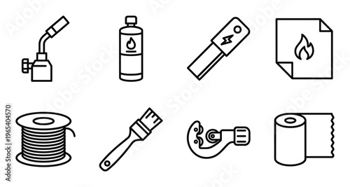 Blowtorch fuel bottle lighter fire symbol wire coil brush and pipe cutter