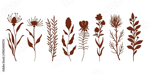 A collection of stylized red flowers in various artistic designs and patterns