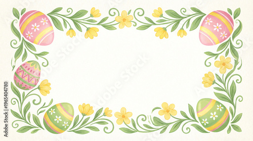 Easter floral frame with painted eggs and spring flowers, decorative botanical border for greeting cards, pastel watercolor holiday background