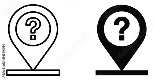 Map, pin location icon featuring question mark symbol, representing unknown destination, navigation, GPS tracking, search, and help support concept, modern flat vector
