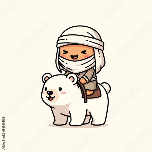 A smiling character, wearing head covering and face covering, riding a polar bear. The bear and character are outlined in black