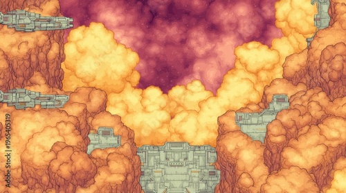 Clouds surround futuristic buildings in a colorful sky above a rocky landscape