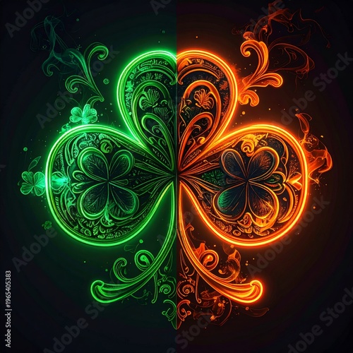 Stylized Neon Green and Orange Shamrock Against Dark Background