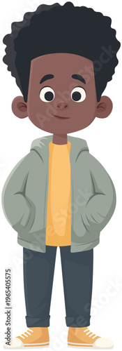 Black child cartoon character with jacket hands in pockets