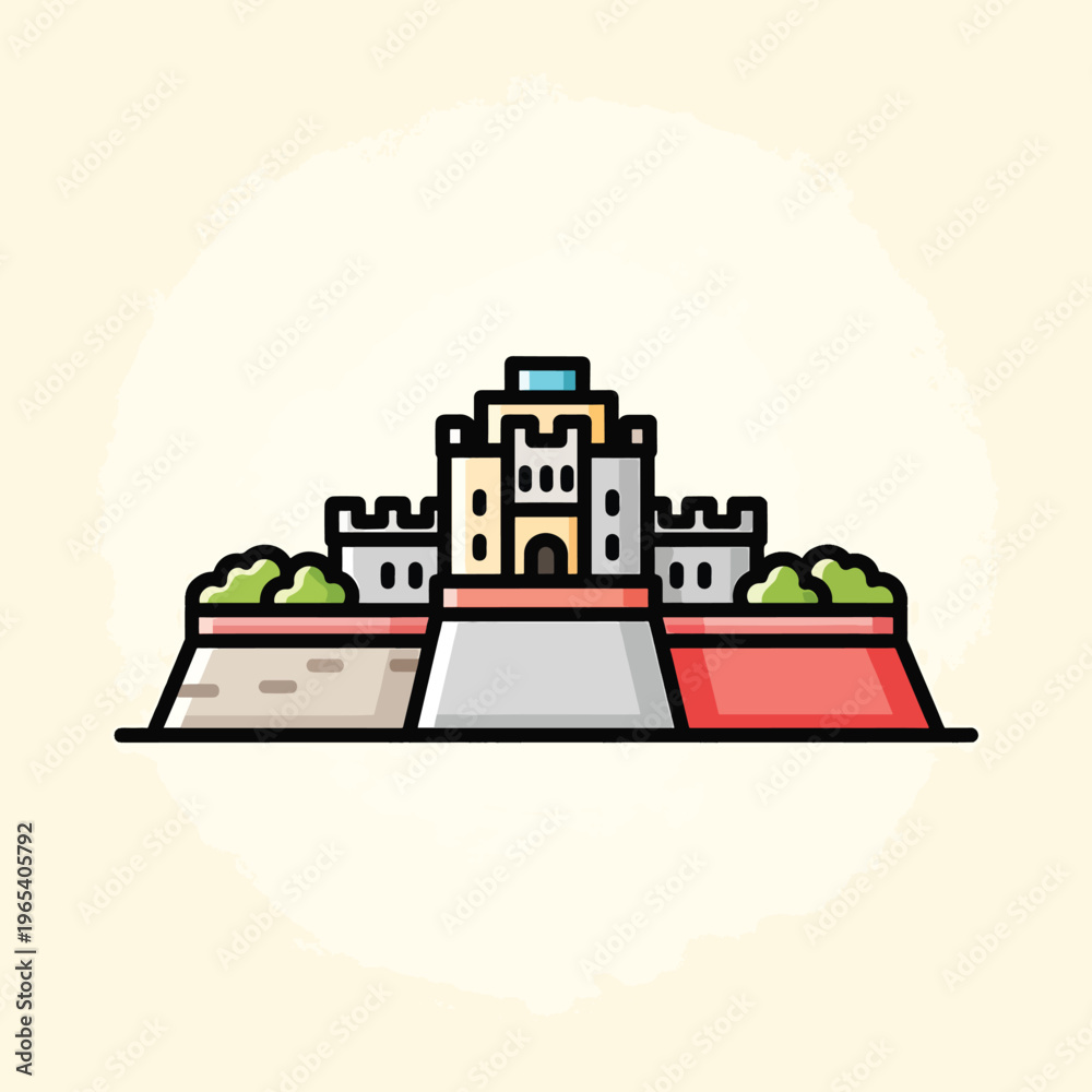 Naklejka premium A stylized cartoon illustration of a castle-like structure on an elevated platform, with green foliage. The artwork has a flat design