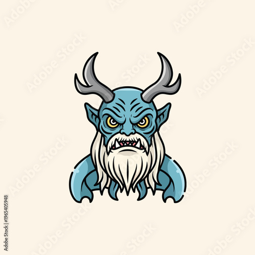 A stylized monster character illustration, with a blue complexion, horned head, and a long white beard, showcasing a fierce expression