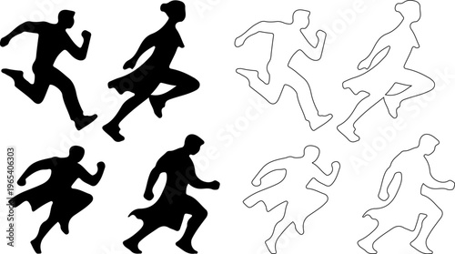 Running people silhouettes and line art icons, set of 8 active human figures in motion, black vector shapes of men and women sprinting
