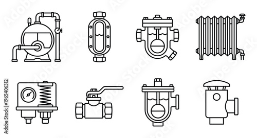 Industrial boiler and heating system regulation equipment outline icons for technical documentation