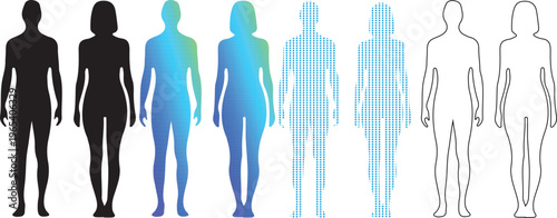 Human body silhouettes in various styles, male and female anatomy outlines, blue gradient and black vector people icons for medical and social infographics
