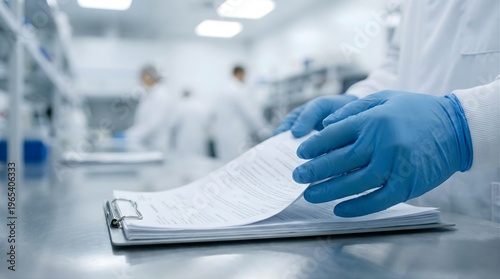 Scientist in blue nitrile gloves reviewing clinical research documents on metal clipboard in bright modern laboratory facility with blurred coworkers working in background during medical study trials