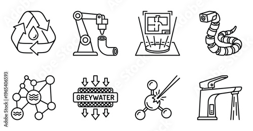 Industrial robotic plumbing and water recycling technology icon set with greywater treatment systems