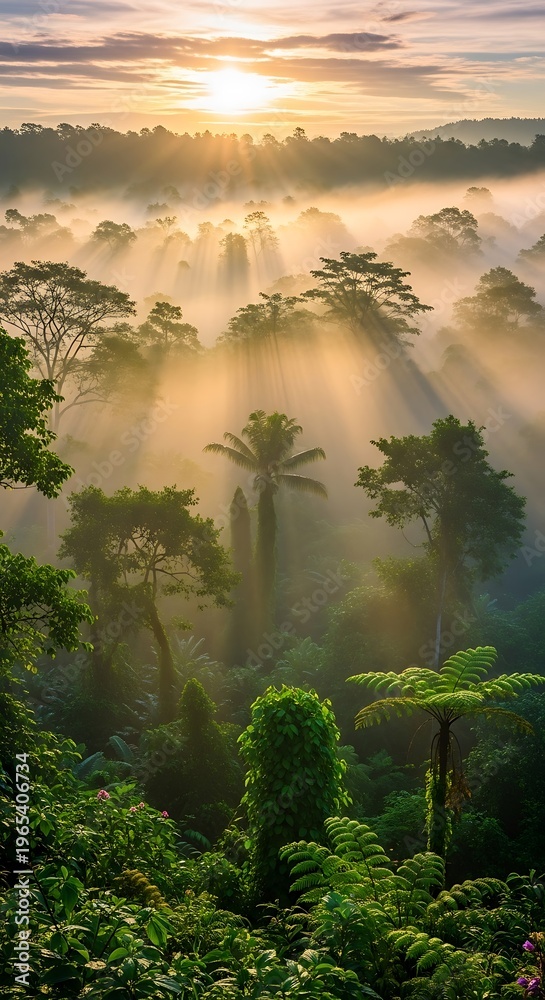 Obraz premium Sunlit Canopy - A Misty Morning in the Tropical Rainforest.