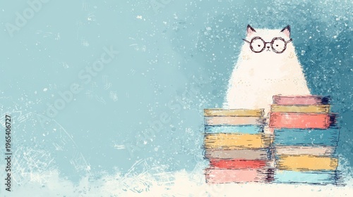 Cat with glasses sitting on colorful books on a light blue background